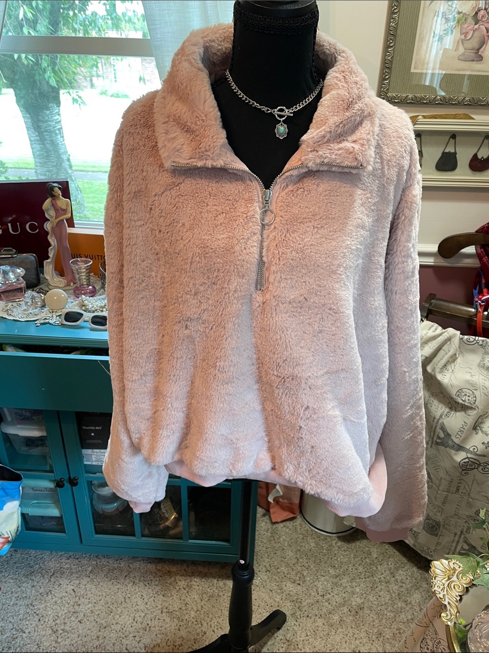 C'EST TOI Plush Faux Fur Teddy Jacket in Light Pink - 3XL. By Nadine West Boutiq